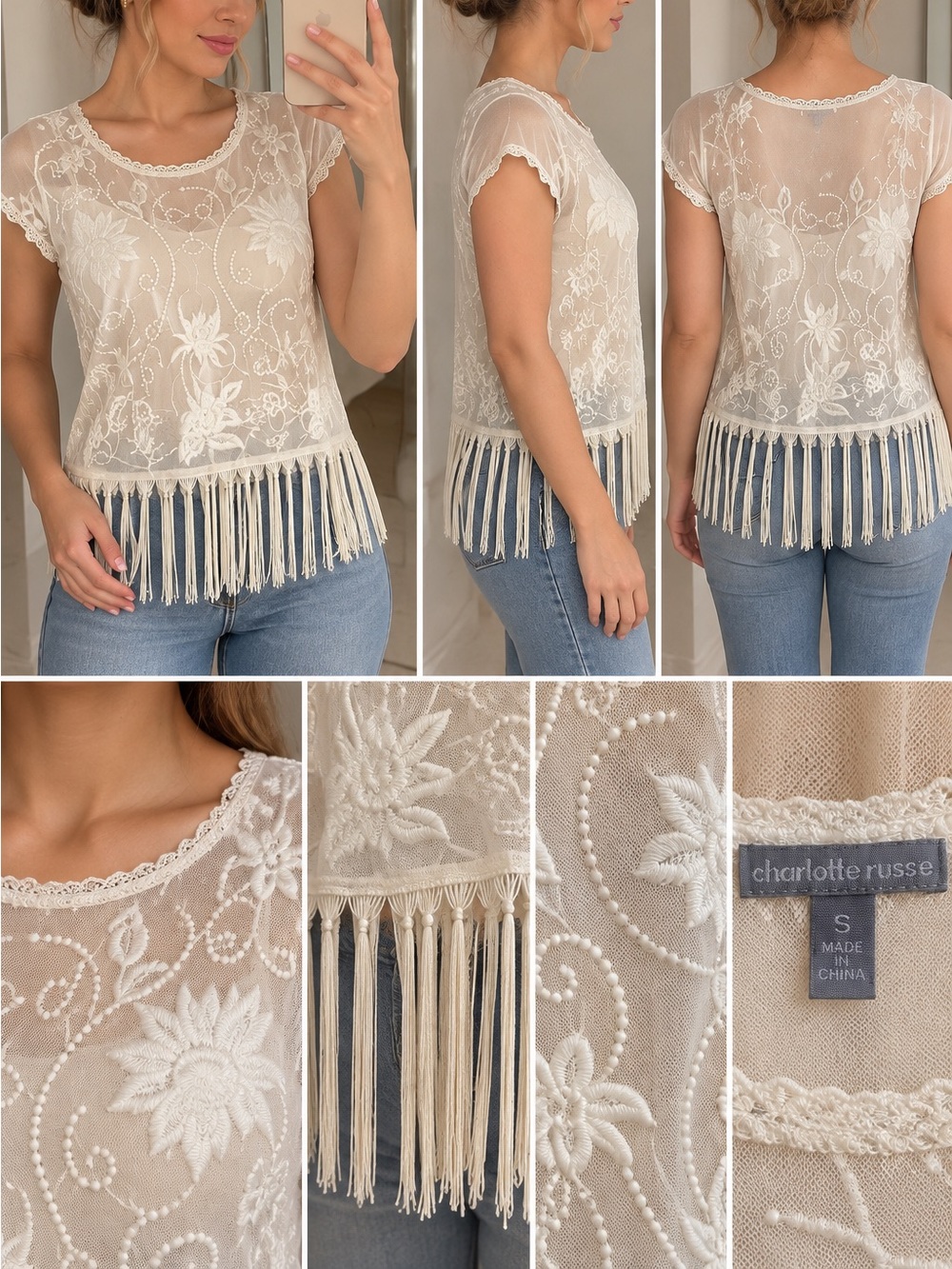 Charlotte Russe Ivory Sheer Embroidered Lace Fringe Sleeve Top